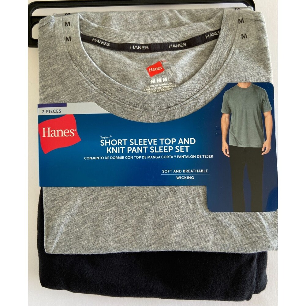 Hanes Mens Short Sleeve Top and Knit Pant Sleep Set Medium Grey Black New
